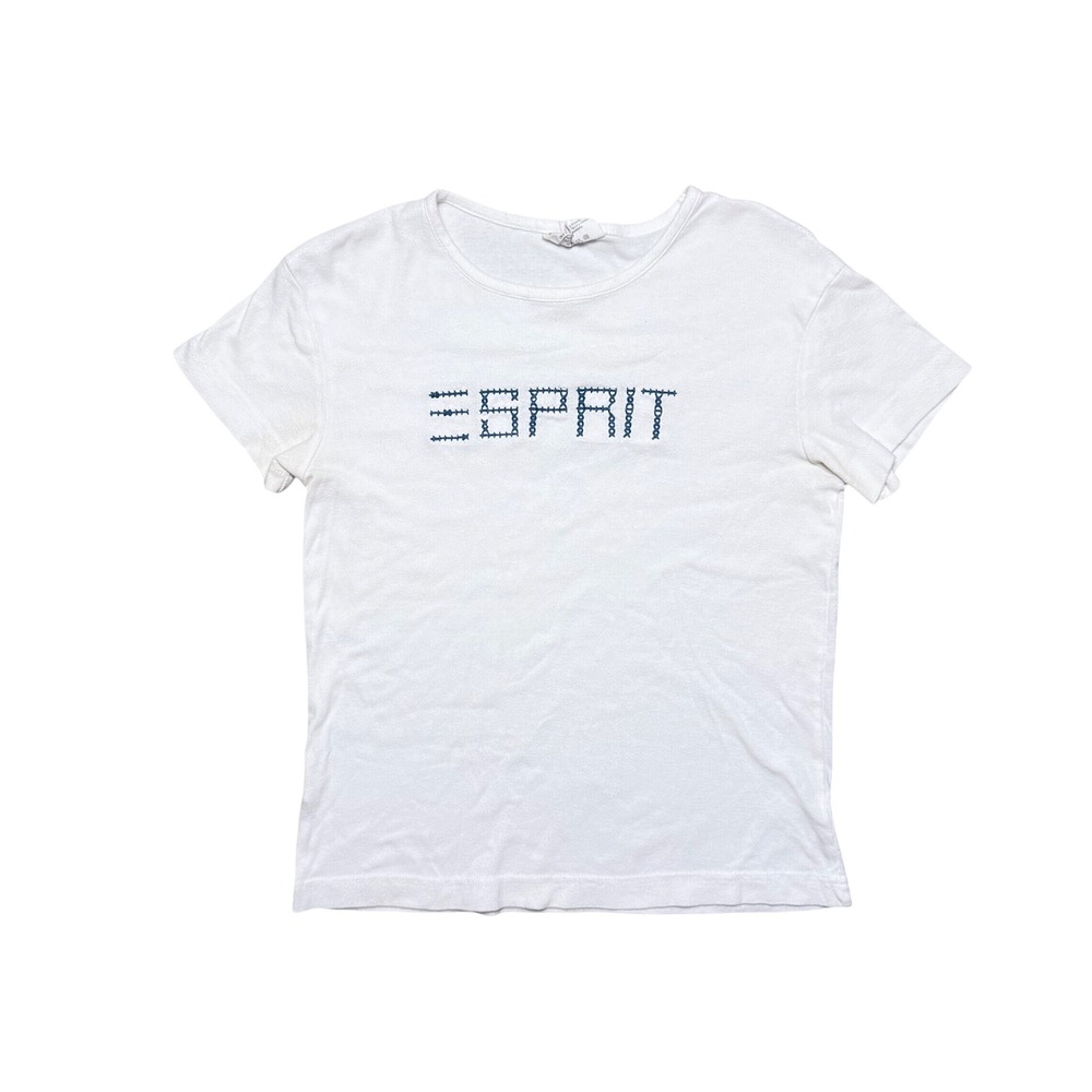 Vintage Esprit White Cotton T-Shirt Navy Blue Cross Stitch Logo